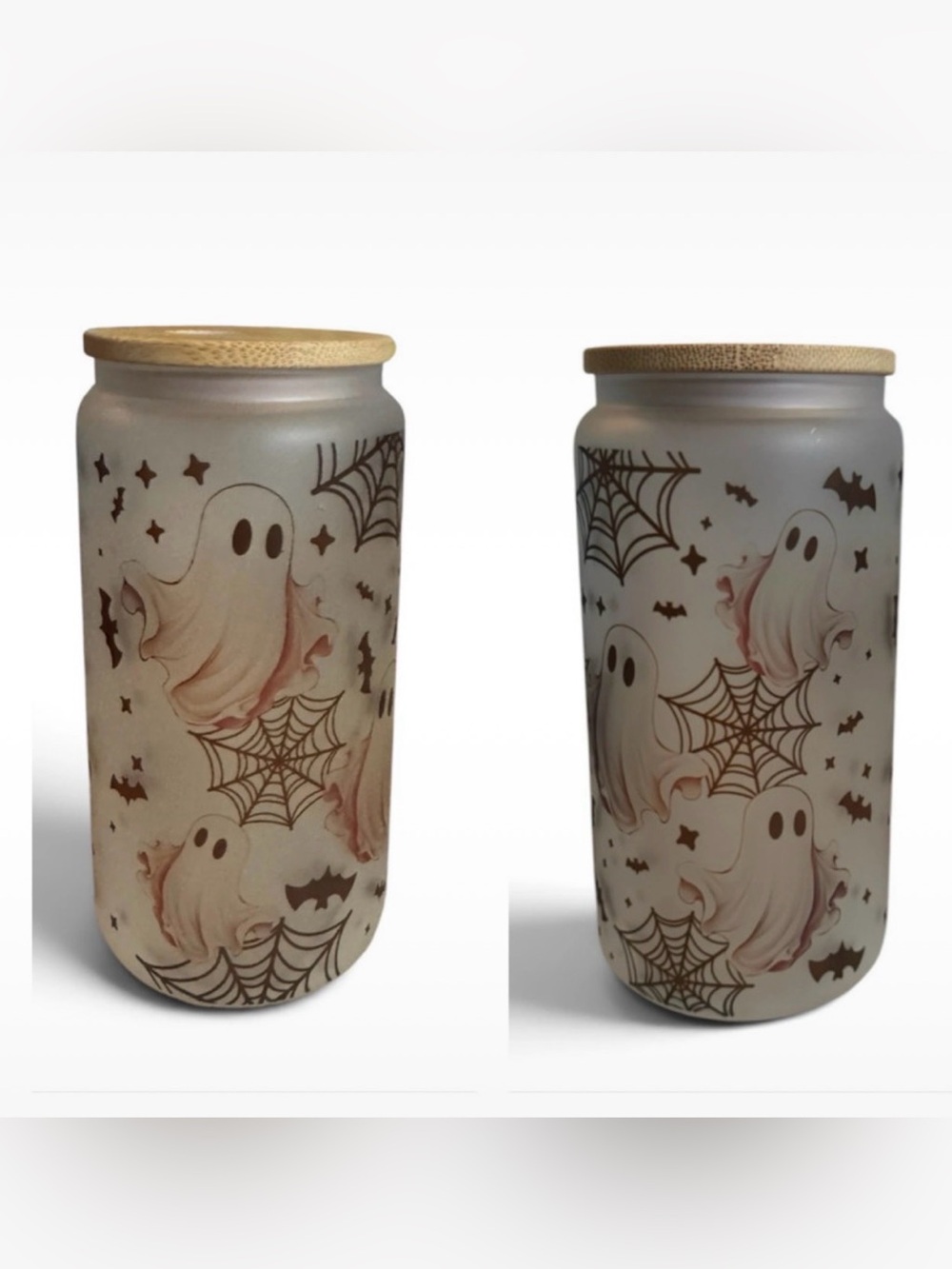 Halloween Ghost frosted glass tumbler with bamboo lid - White Ghost Design